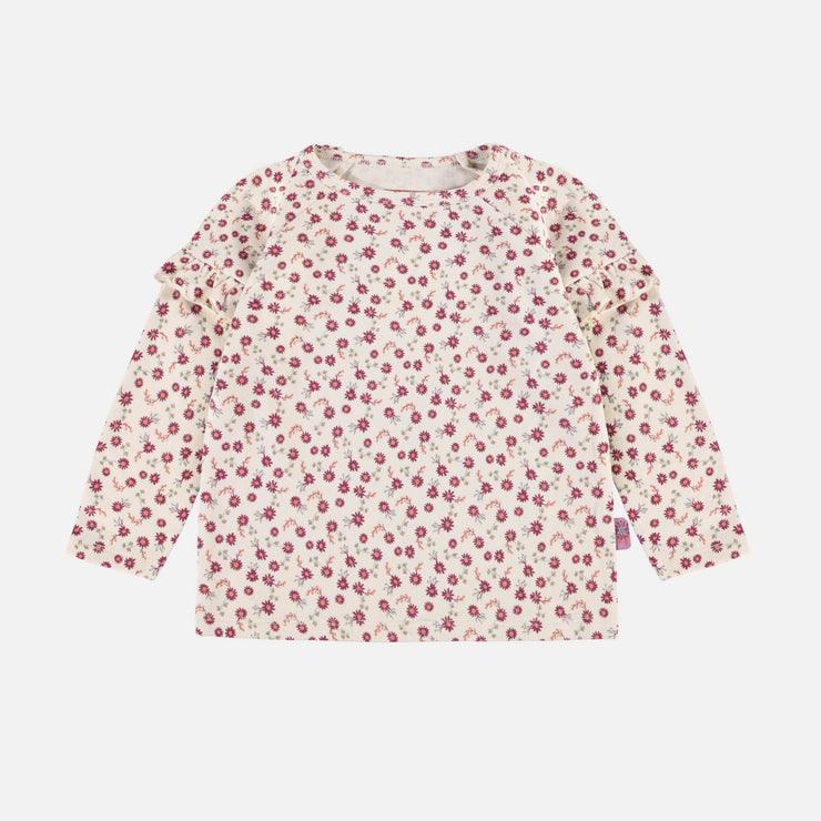 T-shirt crème fleuri à manches longues avec volants en jersey, bébé || Cream floral long sleeved t-shirt with ruffles in jersey, baby