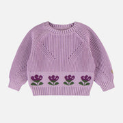 Chandail de maille lilas avec motif dans la maille et jacquard de tulipes, bébé || Lilac knitted sweater with pattern in knit and tulip jacquard, baby