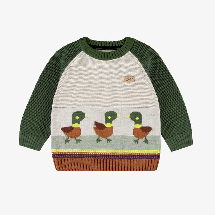 Chandail de maille vert à motifs jacquard de canards, bébé || Green knit sweater with duck jacquard pattern, baby