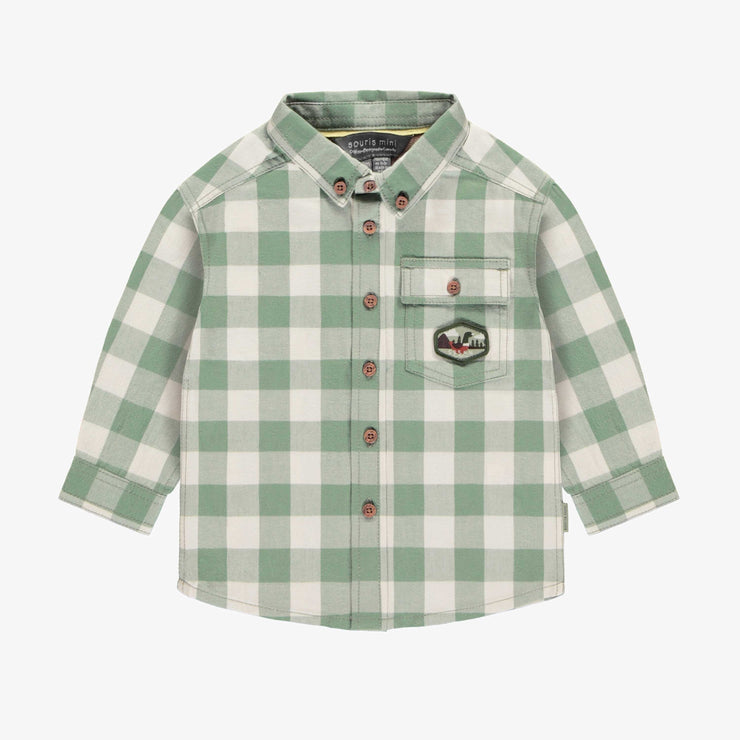 Chemise à manches longues vert et crème à carreaux en flanelle, bébé || Green and cream plaid long sleeves shirt in flannel, baby