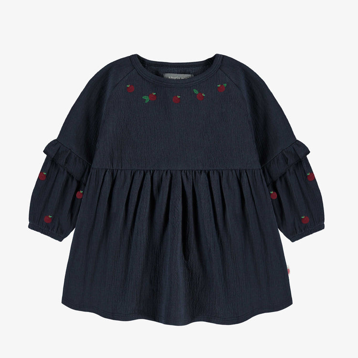 Robe marine coupe évasée à manches longues avec broderie de pommes en jersey crêpé, bébé || Long sleeves navy dress relaxed and flared fit with apple embroidery in crinkle jersey, baby