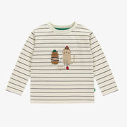 T-shirt manches longues crème à rayure marine en jersey, bébé || Cream long sleeved t-shirt with navy stripes, baby