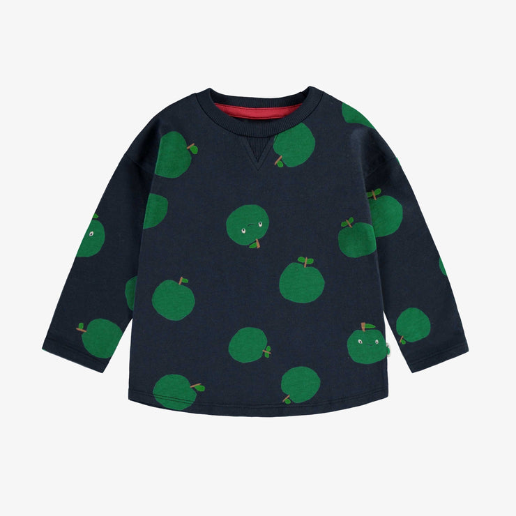 T-shirt marine manches longues à motifs de pommes vertes en jersey, bébé || Navy t-shirt with long sleeves and green apples print in jersey, baby