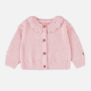 Veste de maille rose pâle avec col rond à volant, bébé || Light pink knitted vest with ruffled collar, baby