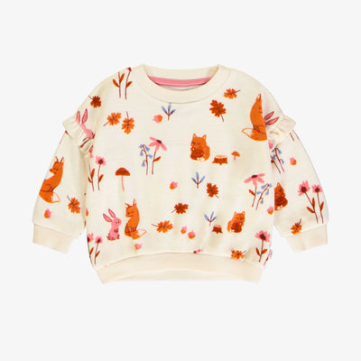 Chandail manches longues à volants crème et motifs de renards en velours, bébé || Cream fox print sweater with long ruffled sleeves in velvet, baby