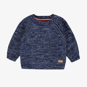 Chandail de maille bleu chiné, bébé || Knitted sweater in blue mottled fabric, baby