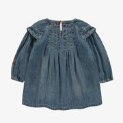 Robe coupe régulière/évasée à manches longues avec volants en denim léger, bleu foncé, bébé || Long-sleeved regular fit/flared dress with ruffles in light denim, dark blue, baby