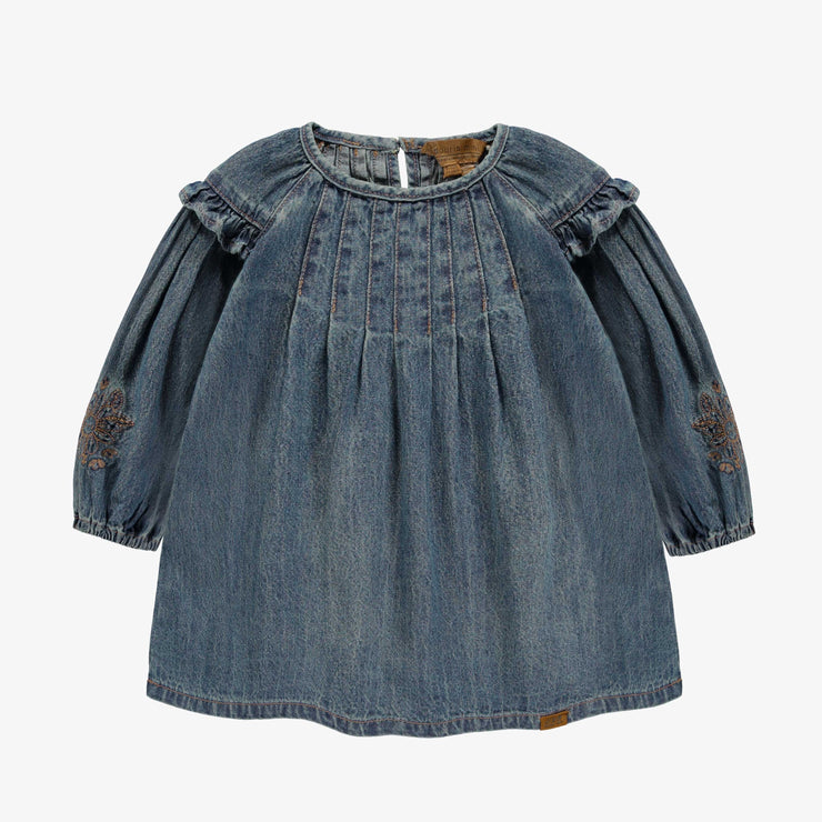 Robe coupe régulière/évasée à manches longues avec volants en denim léger, bleu foncé, bébé || Long-sleeved regular fit/flared dress with ruffles in light denim, dark blue, baby