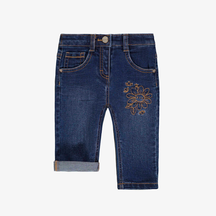 Pantalon en denim bleu moyen de coupe étroite avec broderies, bébé || Medium blue denim pants with a slim fit and embroidery, baby