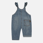 Salopette ample à jambe droite avec volants en denim bleu foncé, bébé || Loose fit overalls with ruffles and straight leg in dark blue denim, baby 