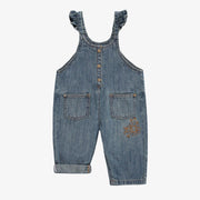 Salopette ample à jambe droite avec volants en denim bleu foncé, bébé || Loose fit overalls with ruffles and straight leg in dark blue denim, baby