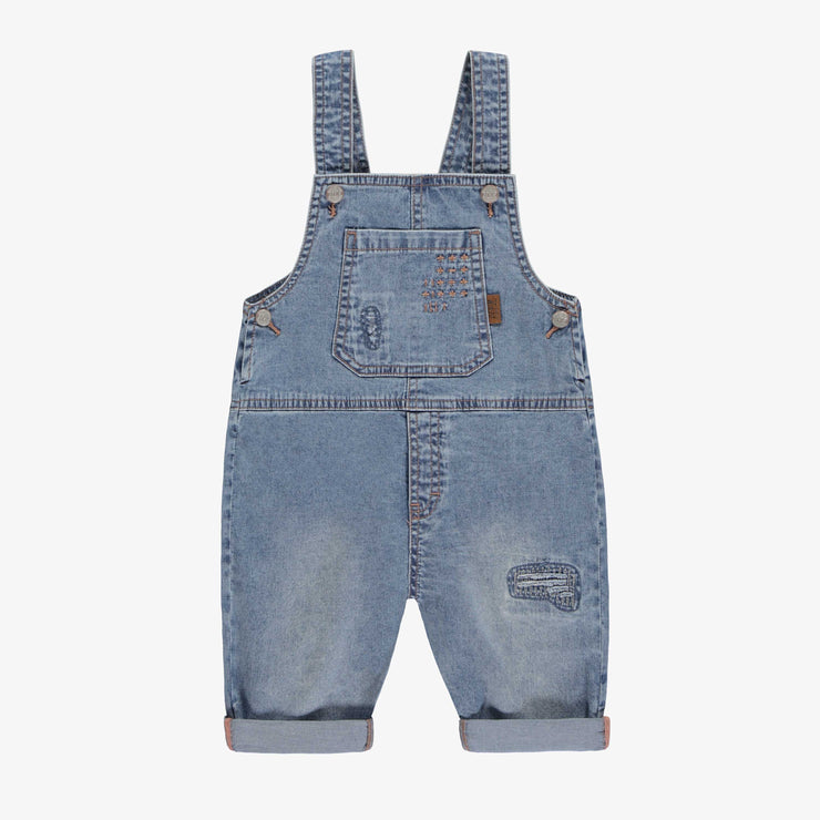 Salopette longue coupe décontractée en denim léger extensible, bleu moyen, bébé || Long overall relaxed fit in light medium denim, baby