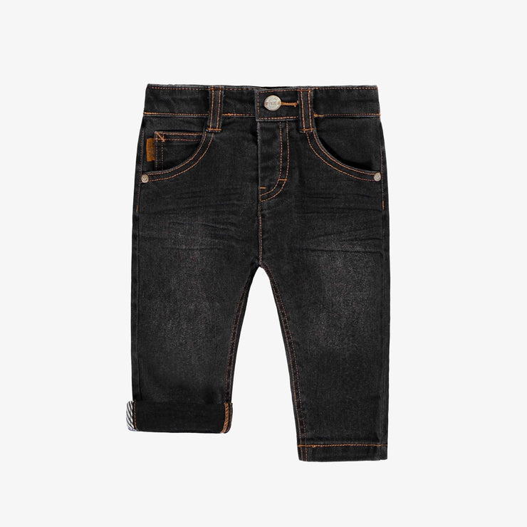 Pantalon noir en denim de coupe étroite avec coutures apparentes, bébé || Black slim fit denim pants with visible stitching, baby