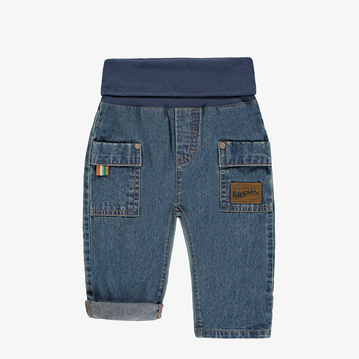 Pantalon en denim bleu moyen de coupe décontractée avec taille repliable, bébé || Medium blue denim pants in a relaxed fit with fold-away waistband, baby