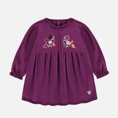 Robe de maille mauve foncé avec broderies, bébé || Dark purple knit dress with embroidery, baby