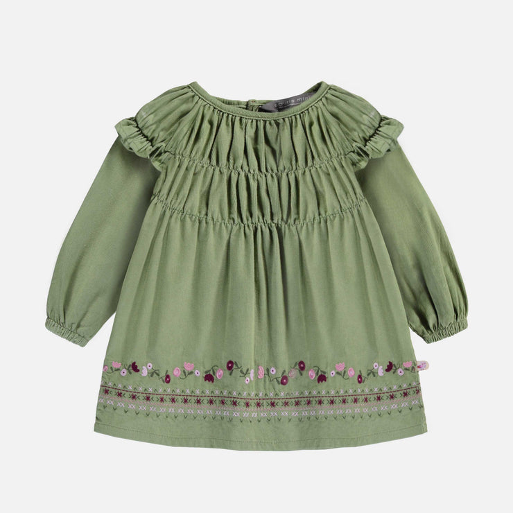 Olive green dress with gathers and embroidery in corduroy baby