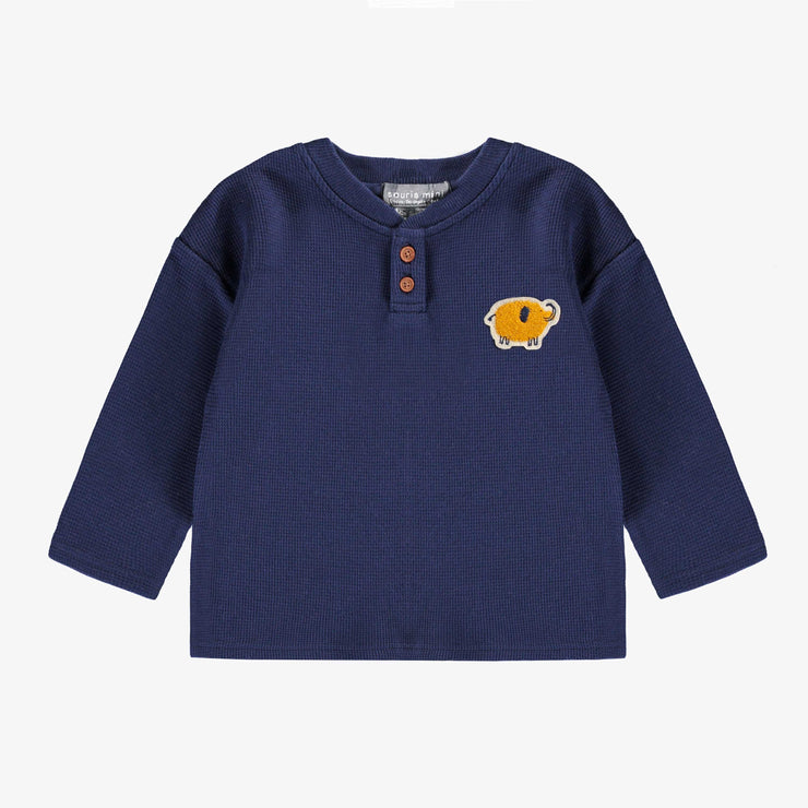 T-shirt marine à manches longues en jersey gaufré, bébé || Long-sleeved navy t-shirt in waffle jersey, baby