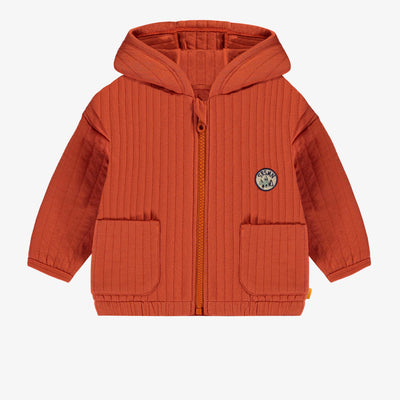 Veste orange à capuchon en jersey matelassé, bébé || Orange hooded vest in quilted jersey, baby