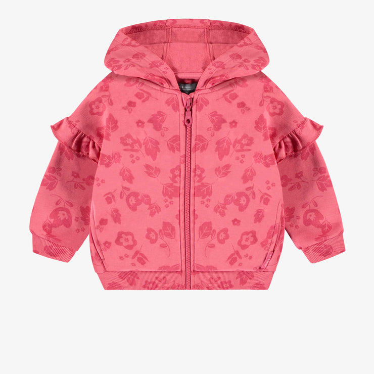 Veste rose à capuchon avec volants en coton ouaté brossé, bébé || Pink hooded vest with ruffles in brushed cotton fleece, baby