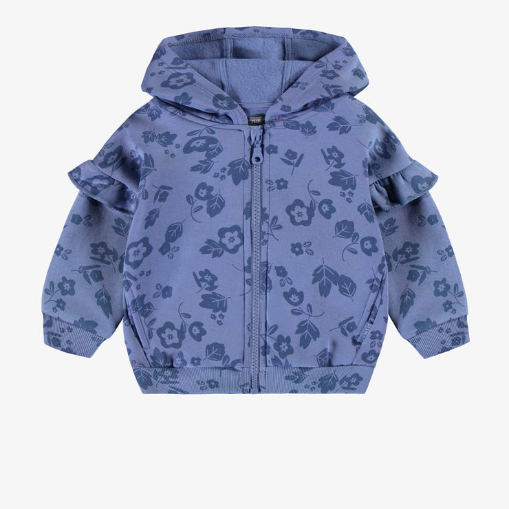 Veste bleue à capuchon avec volants en coton ouaté brossé, bébé || Blue hooded vest with ruffles in brushed cotton fleece, baby