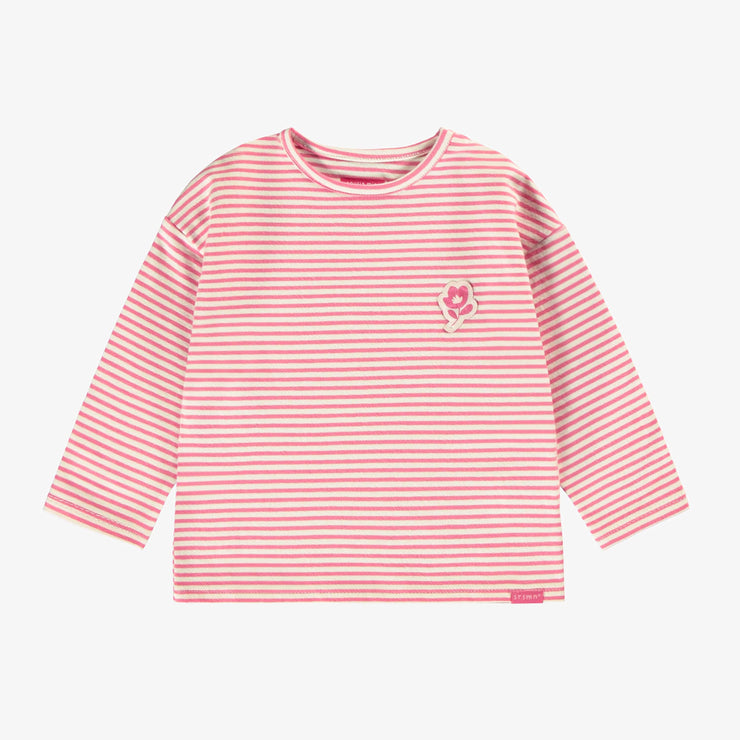 T-shirt rayé rose et crème à manches longues en jersey extensible, bébé || Long-sleeved pink and cream striped t-shirt in stretch jersey, baby