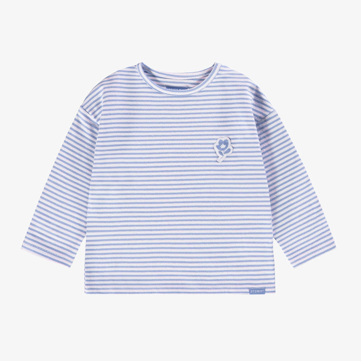 T-shirt rayé bleu et crème à manches longues en jersey extensible, bébé || Long-sleeved blue and cream striped t-shirt in stretch jersey, baby