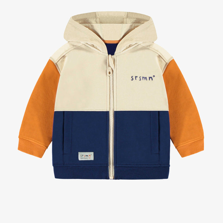 Veste à capuchon marine, orange et crème en coton ouaté brossé, bébé || Navy, orange and cream hooded vest in brushed cotton fleece, child