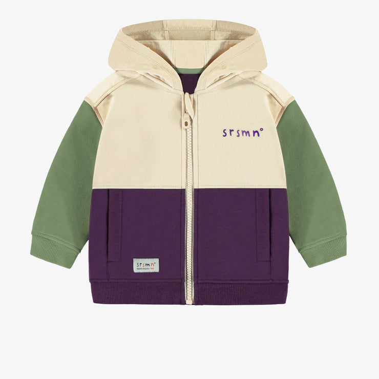 Veste à capuchon prune, verte et crème en coton ouaté brossé, bébé || Plum, green and cream hooded vest in brushed cotton fleece, child