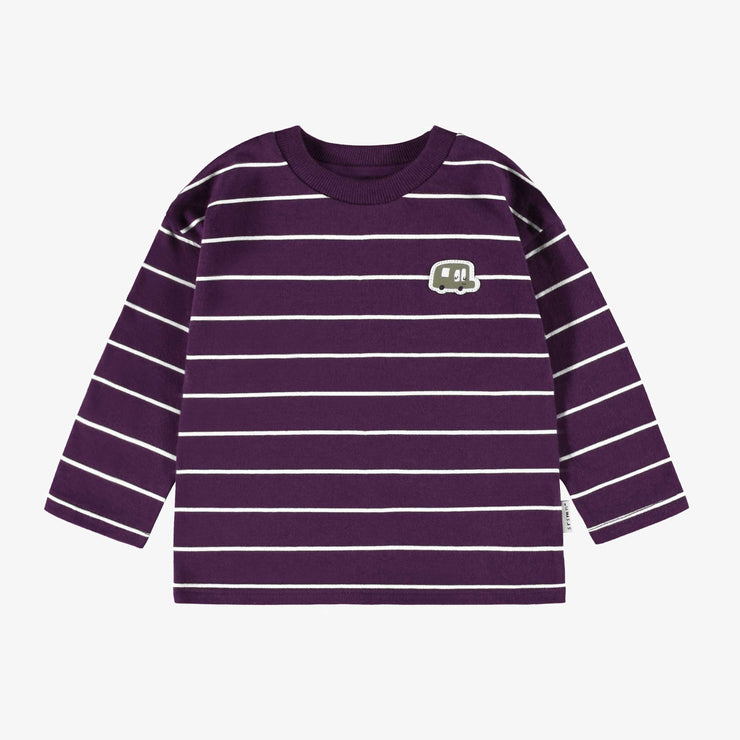 T-shirt rayé prune et crème à manches longues en jersey, bébé || Long-sleeved plum and cream striped t-shirt in  jersey, baby