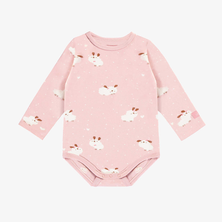 Cache-couche rose pâle à manches longues et motif en jersey, bébé || Soft pink bodysuit with long sleeves and print in jersey, baby