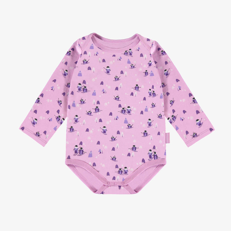 Cache-couche rose à manches longues à motifs de pingouins, bébé || Long-sleeved pink bodysuit with penguin all over print, baby