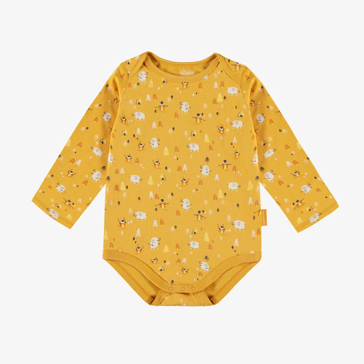 Cache-couche jaune à manches longues à motifs de pingouins, bébé || Long-sleeved yellow bodysuit with penguin all over print, baby