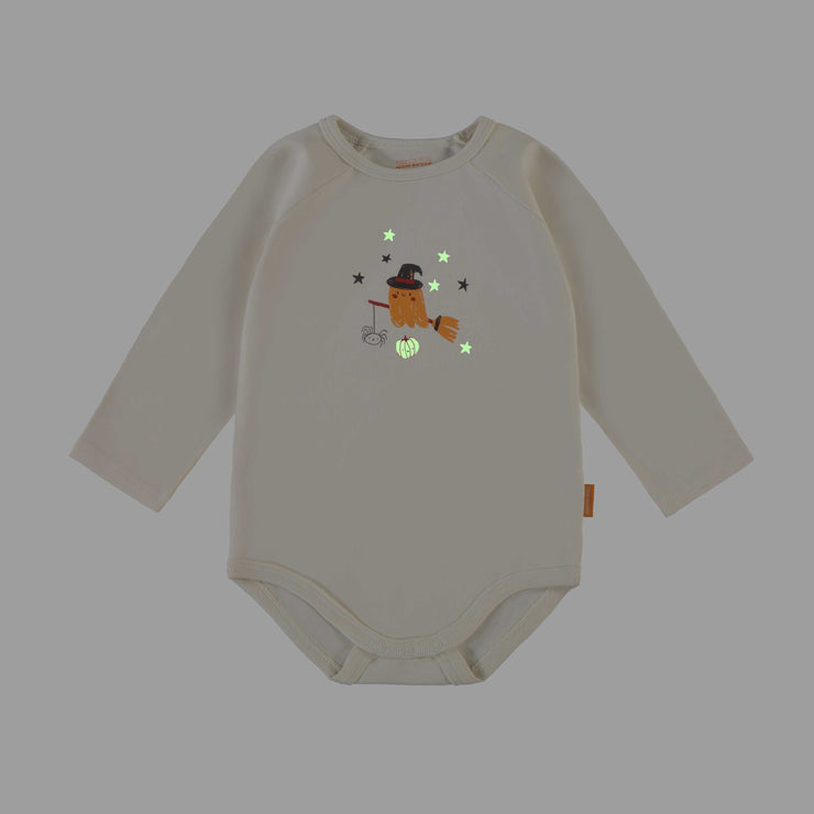 Cache-couche crème avec un imprimé d'Halloween phosphorescent en jersey extensible, bébé || Cream bodysuit with Halloween phosphorescent print in stretch jersey, baby