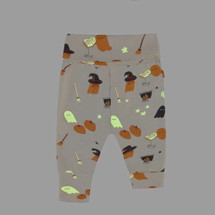 Pantalon évolutif crème à motifs d'Halloween phosphorescents en jersey extensible, bébé || Cream evolutive pants with phosphorescent Halloween all over print in stretch jersey, baby