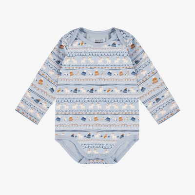 Cache-couche bleu avec motif automnal en jersey extensible, bébé || Blue bodysuit with autumnal all over print in stretch jersey, baby