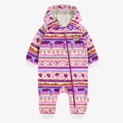 Une pièce mauve et crème avec motifs hivernaux et capuchon en polar, bébé || Purple and cream one piece with winter pattern and hood in fleece, baby