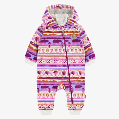 Une pièce mauve et crème avec motifs hivernaux et capuchon en polar, bébé || Purple and cream one piece with winter pattern and hood in fleece, baby