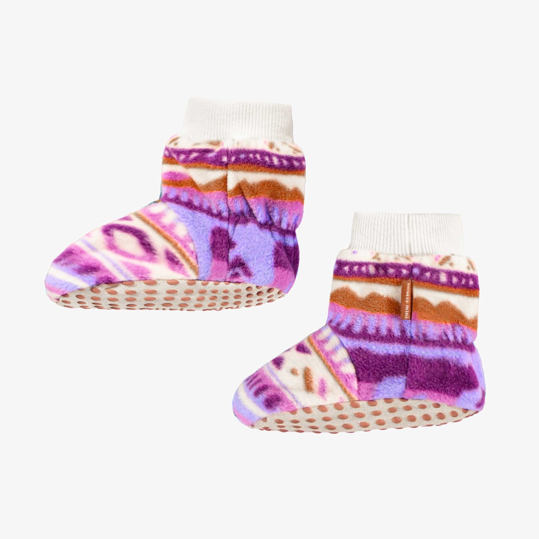 Purple and cream winter patterned fleece slippers baby