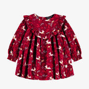 Robe rouge avec volant et motifs de rennes en viscose, bébé || Red dress with ruffles and reindeer print in viscose, baby