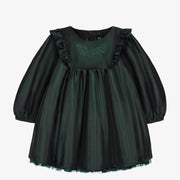 Robe émeraude en taffetas à manches longues avec volants, bébé || Emerald long sleeves taffetas dress with ruffles, baby