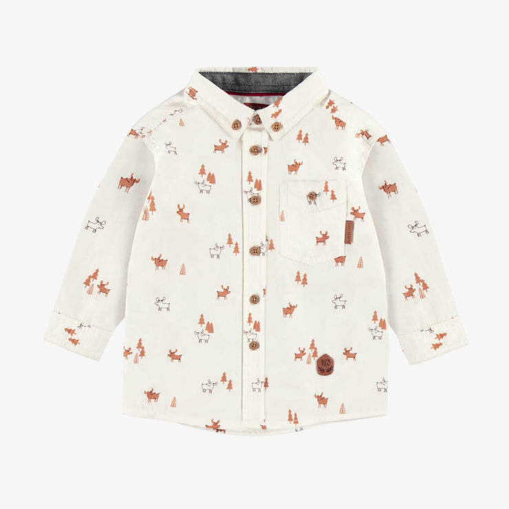 Chemise crème à motifs de rennes en popeline de coton, bébé || Cream shirt with reindeer all over print in cotton poplin, baby