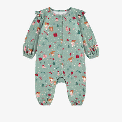 Pyjama une pièce des fêtes vert en polyester brossé à motifs de ballerines, bébé || Green one piece holiday pajamas in brushed polyester with ballerina all over print, baby