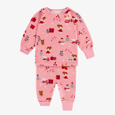 Pyjama deux pièces des fêtes rose en velours à motifs de ballerines, bébé || Pink two piece holiday pajamas in velvet with ballerina all over print, baby