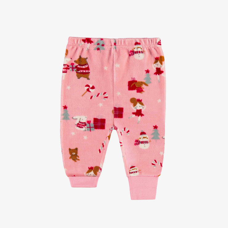 Pyjama deux pièces des fêtes rose en velours à motifs de ballerines, bébé || Pink two piece holiday pajamas in velvet with ballerina all over print, baby