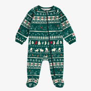 Pyjama une pièce vert à motifs des fêtes en polyester brossé, bébé || Green holiday one piece pajamas with all over print in brushed polyester, baby