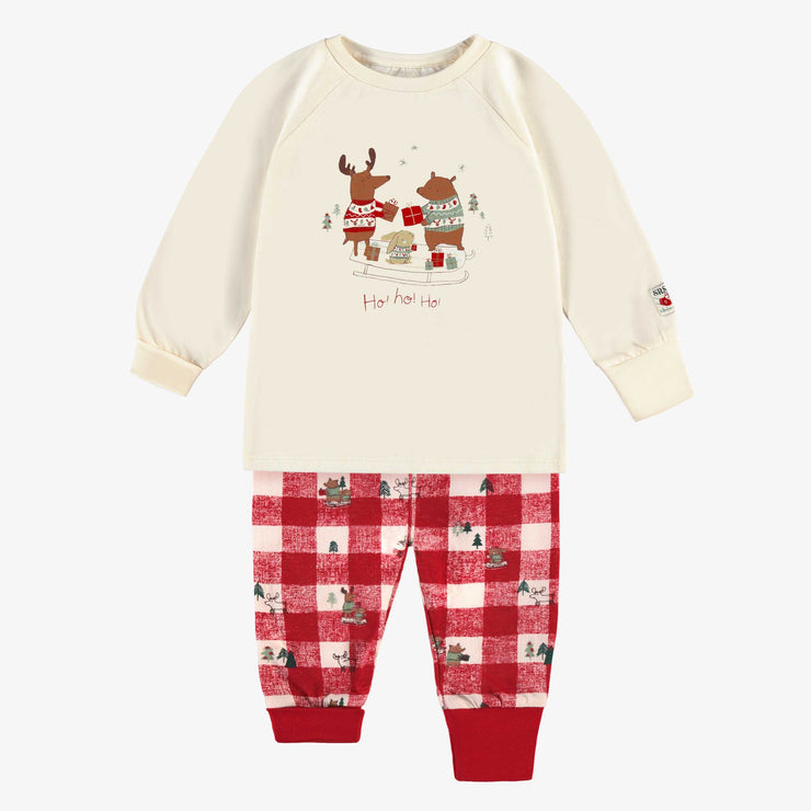 Pyjama deux pièces crème en jersey à motifs des fêtes et carreaux, bébé || Cream and red two piece pajamas in jersey with holiday all over print and plaid, baby