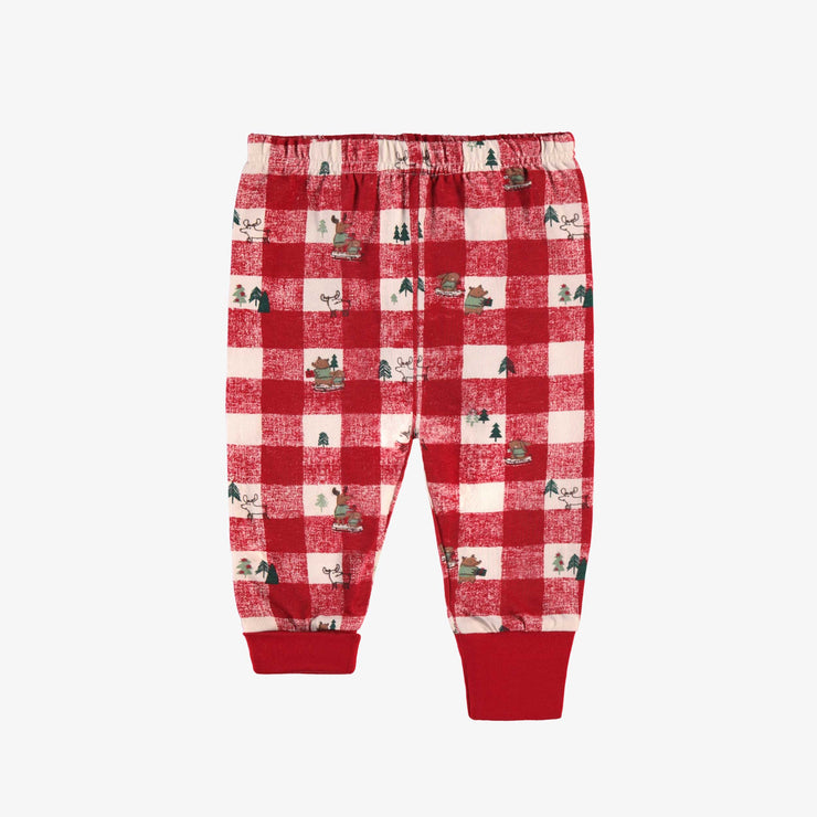 Pyjama deux pièces crème en jersey à motifs des fêtes et carreaux, bébé || Cream and red two piece pajamas in jersey with holiday all over print and plaid, baby