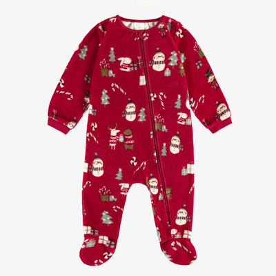 Pyjama une pièce rouge en velours à motifs des fêtes, bébé || Red one-piece pajamas in velvet with holiday all over print, baby