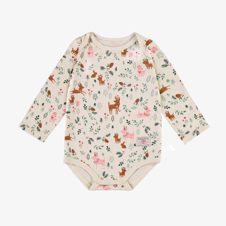 Cache-couche des fêtes crème en jersey extensible à motifs de rennes, bébé || Holiday bodysuit in cream stretch jersey with reindeer all over print, baby