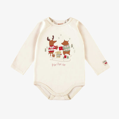 Cache-couche crème en jersey extensible avec illustration des fêtes, bébé  || Cream bodysuit in stretch jersey with holiday illustration, baby